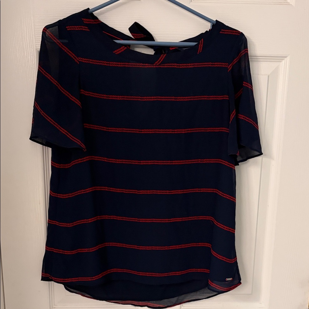 Tommy Hilfiger Navy Blouse with Red Stripes